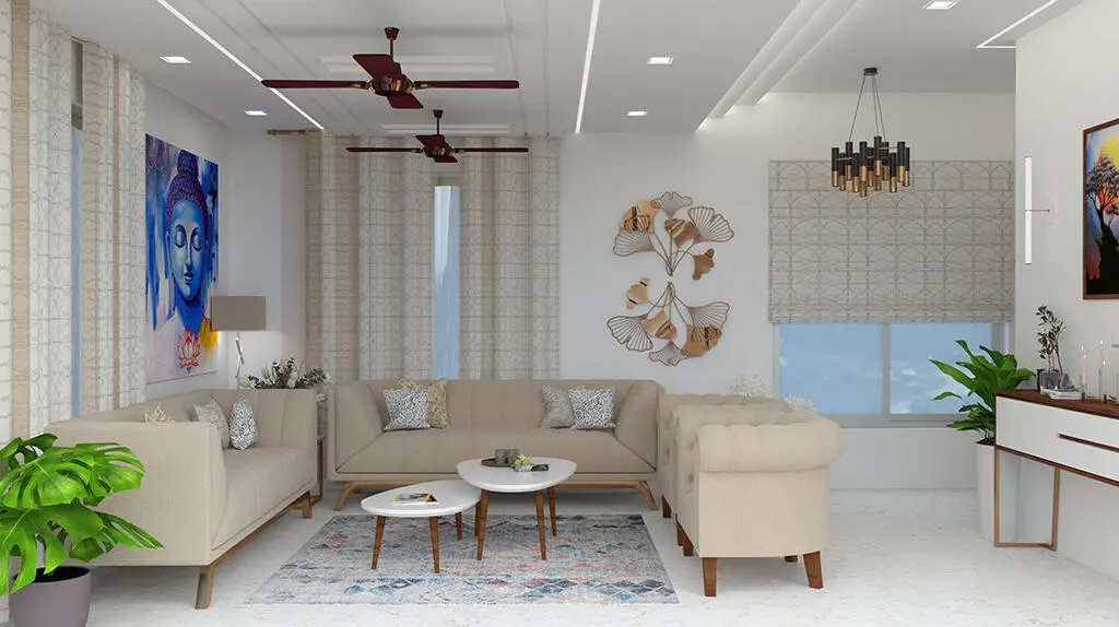 Modern living room with neutral sofas, pendant lighting, wall art, and indoor plants