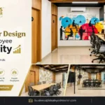 Modern office interior with ergonomic workstations, meeting rooms and collaborative workspace